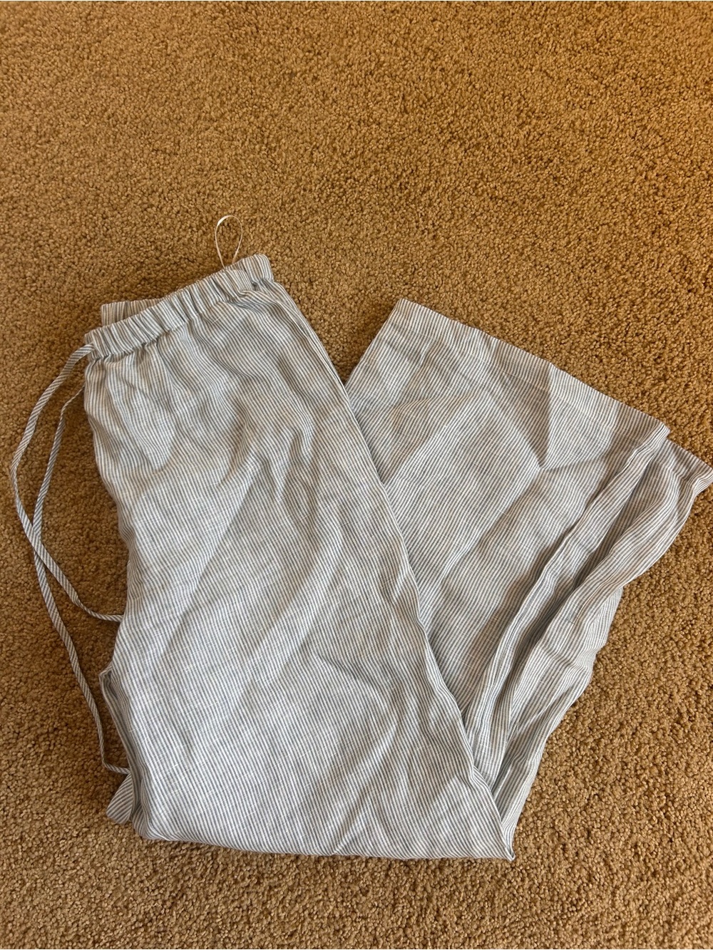 Wide Leg Drawstring linen  Pants in Light Gray Stripe